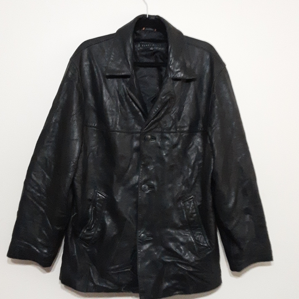 Perry Ellis men leather jacket pea coat in size L y2k black button down winter